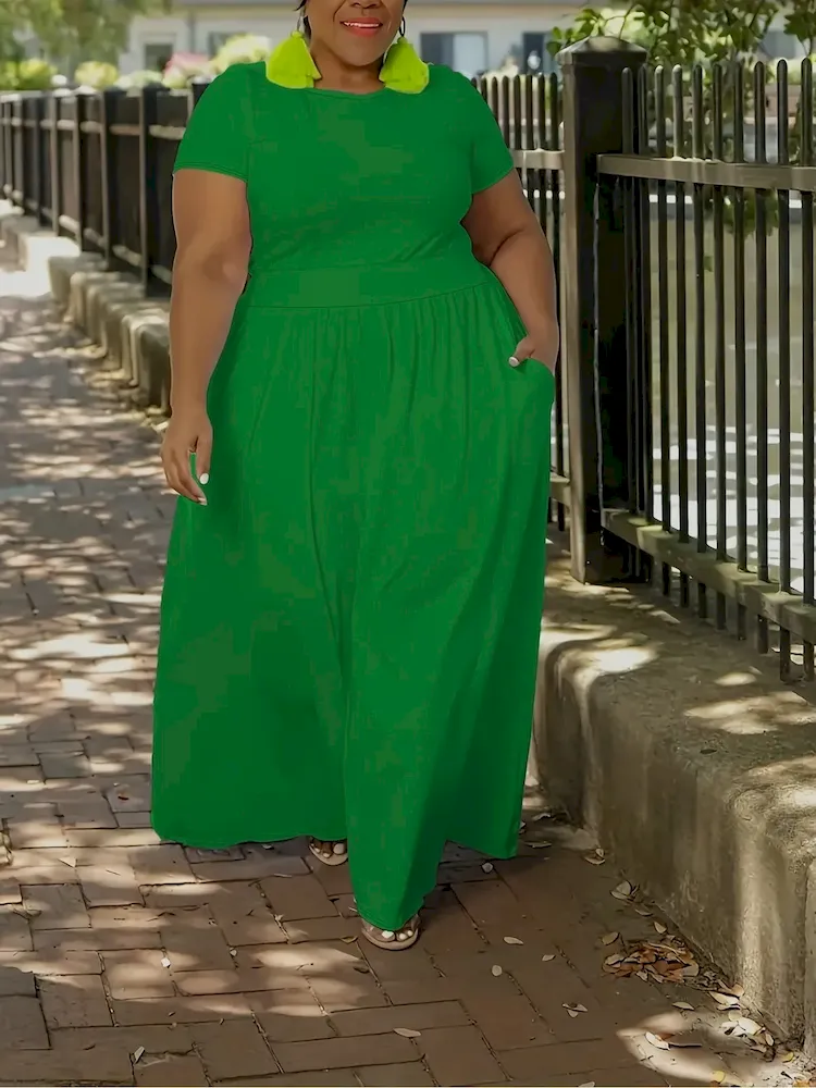 Women Casual Solid Color Tight Waist Short Sleeve Plus Size Dress - Image 8