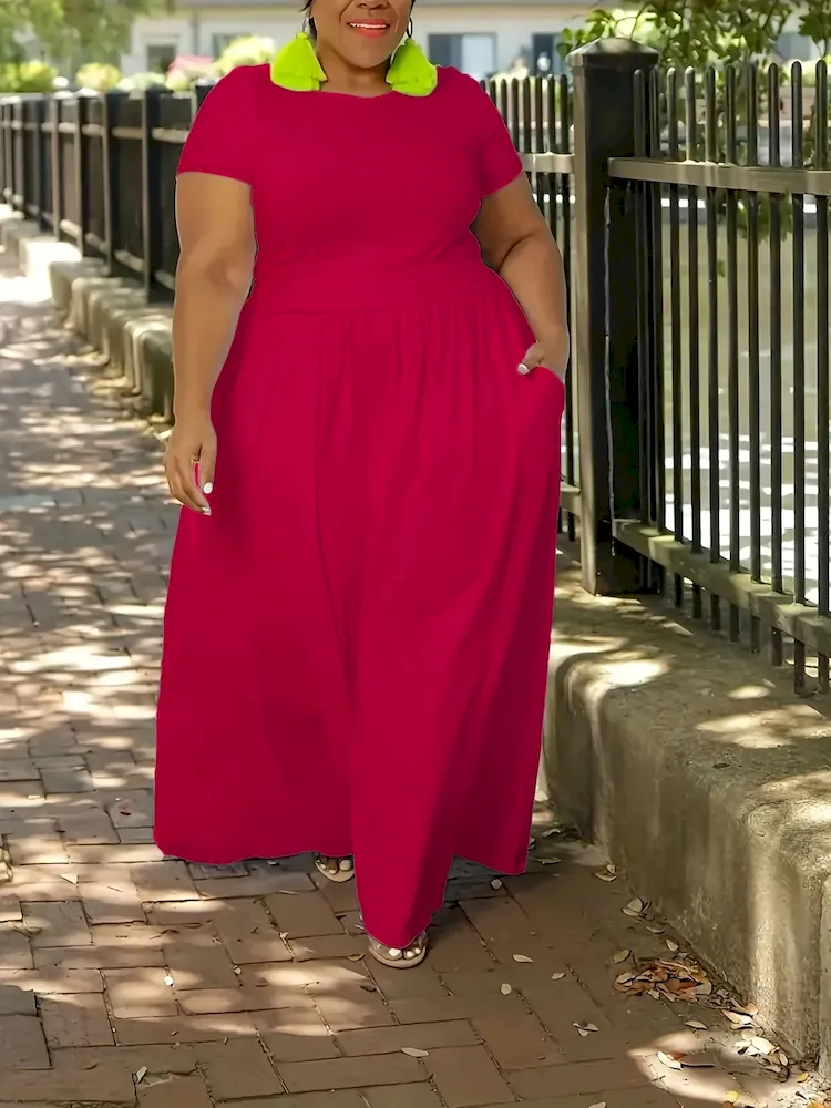 Women Casual Solid Color Tight Waist Short Sleeve Plus Size Dress - Image 9
