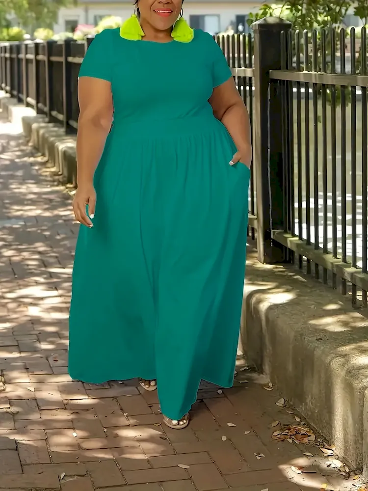 Women Casual Solid Color Tight Waist Short Sleeve Plus Size Dress - Image 10