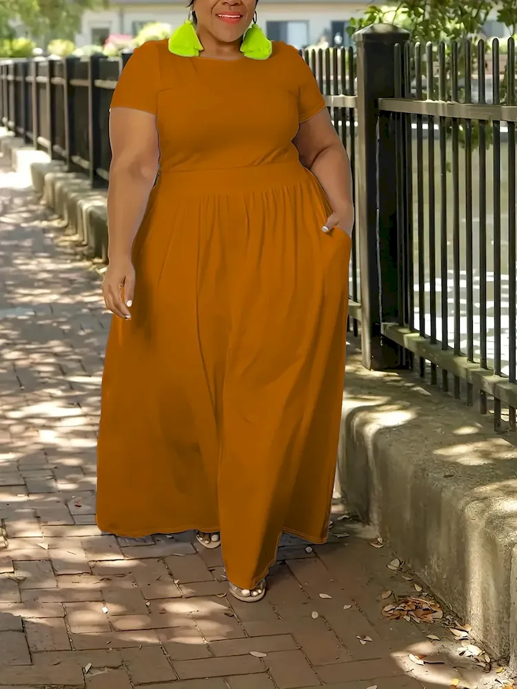 Women Casual Solid Color Tight Waist Short Sleeve Plus Size Dress - Image 11