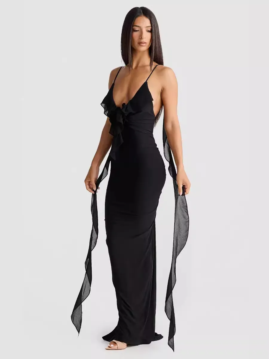 Women Sexy V-Neck Backless Slim Fit Strap Camisole Fishtail Evening Dress - Image 5