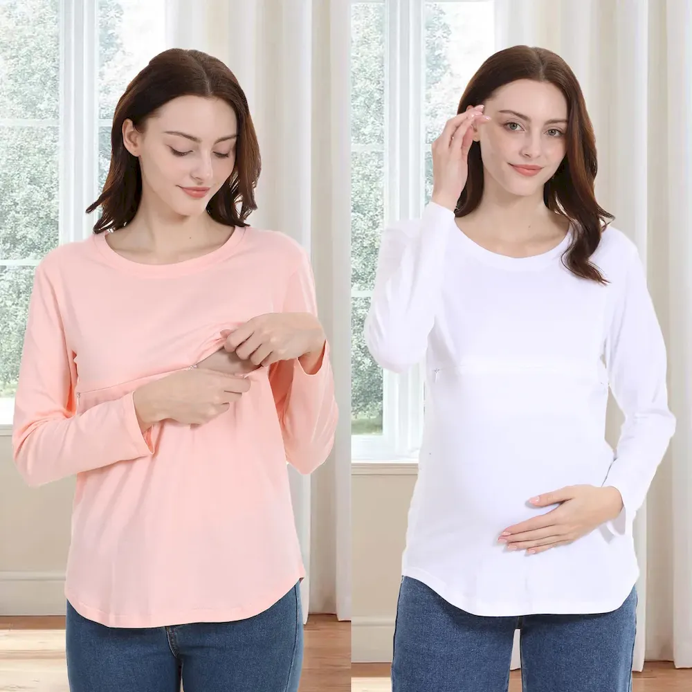 Women Casual Cotton Long-Sleeve Zipper Breastfeeding Pregnant Women T-Shirt - Image 2