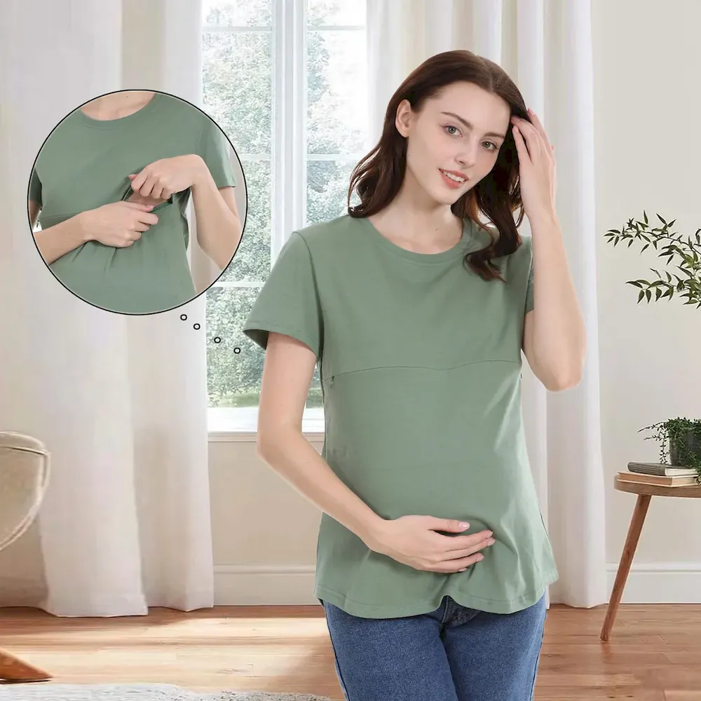 Women Casual Short-Sleeved Cotton Zipper Breastfeeding Pregnant Women T-Shirt - Image 2