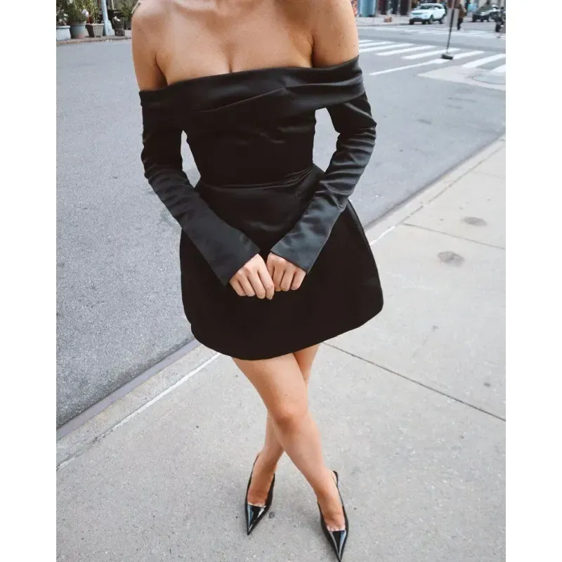 Women Fashion Sexy Solid Color Off Shoulder Long Sleeve Mini Dress - Image 3