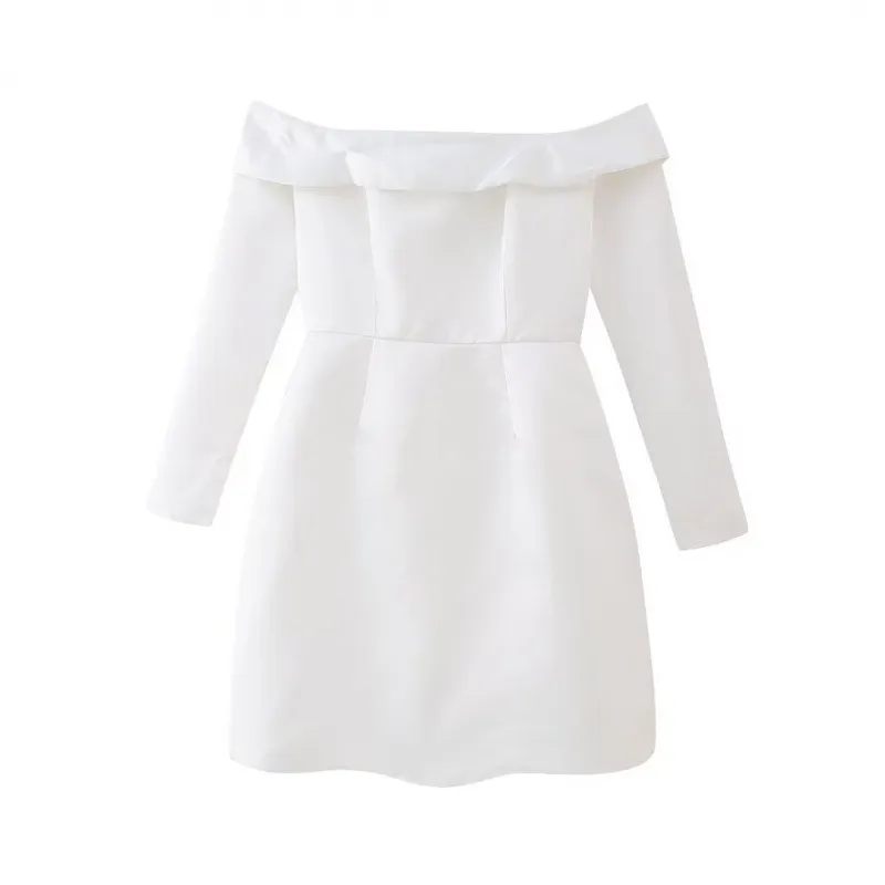 Women Fashion Sexy Solid Color Off Shoulder Long Sleeve Mini Dress - Image 5