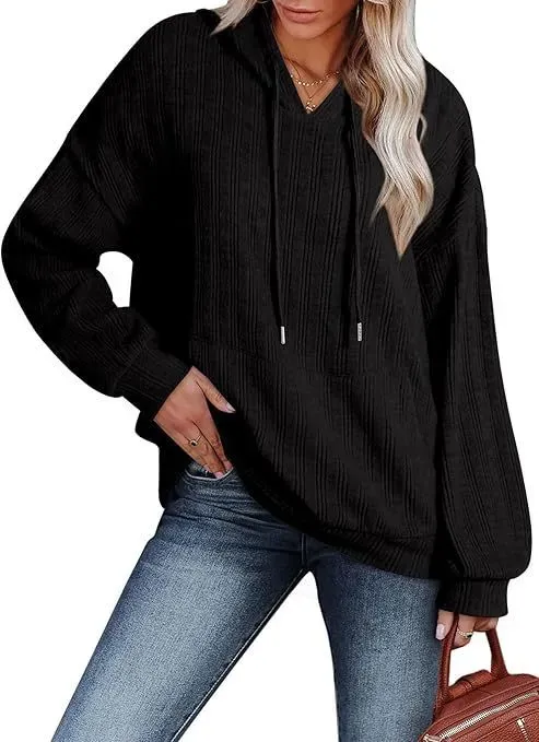 Women Autumn And Winter Casual Rib-Knit Pocket Loose Long Sleeve Hoodie - Image 6