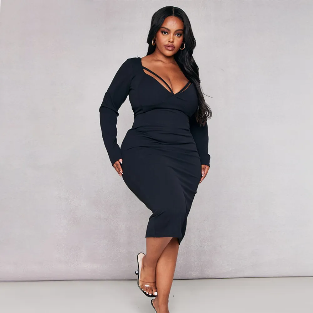 Women Fashion Elegant Plus Size V-Neck Long Sleeve High Waist Dress - Image 5
