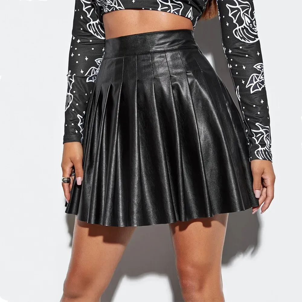 Women Fashion Sexy Solid Color Pu Pleated Skirt