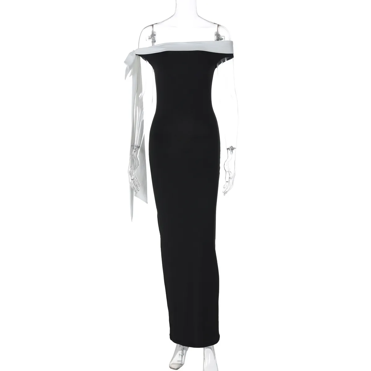 Women Elegant Off-Shoulder Ribbon Bodycon Maxi Dress - Image 6