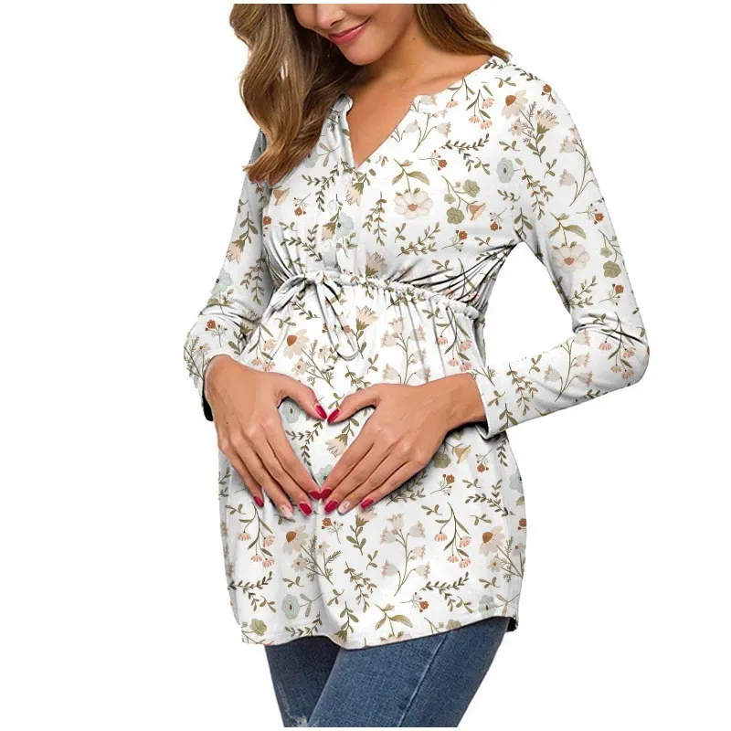 Pregnant Women Floral Printed V-Neck Long Sleeve Lace-Up Breastfeeding Top - Image 2