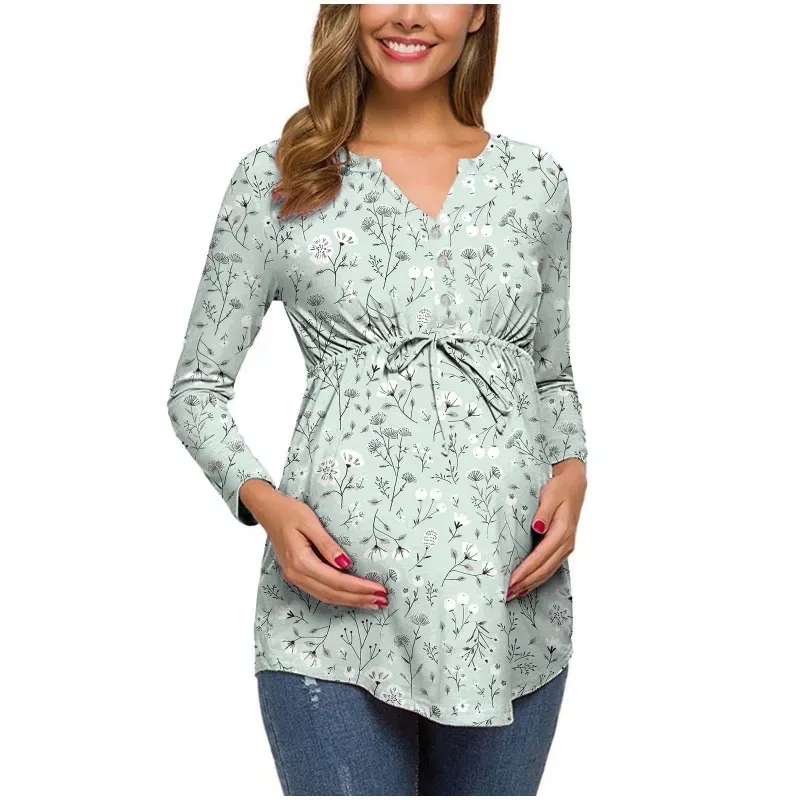 Pregnant Women Floral Printed V-Neck Long Sleeve Lace-Up Breastfeeding Top - Image 10