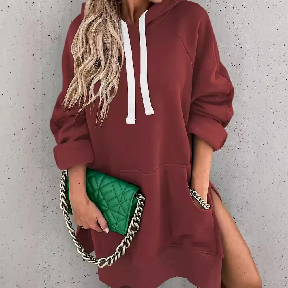 Women Fashion Casual Solid Color Loose Drawstring Split Thoodies - Image 3