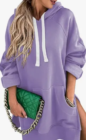 Women Fashion Casual Solid Color Loose Drawstring Split Thoodies - Image 7