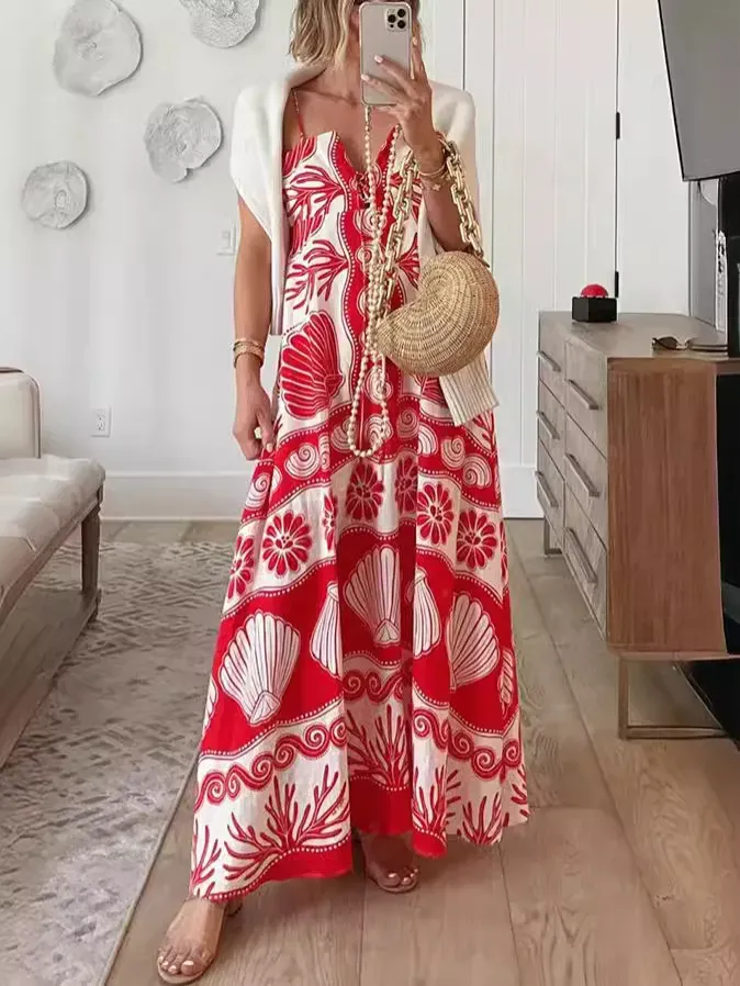 Women Fashion Casual Vacation Floral Printed Lace-Up Camisole Dress - Image 3