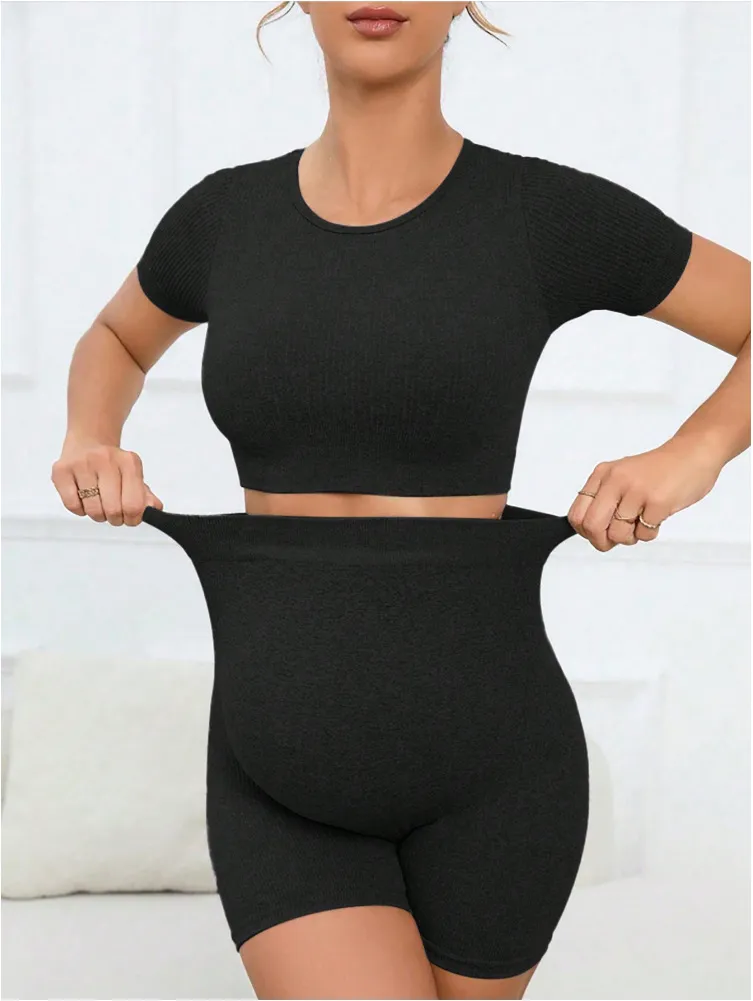 Pregnant Women Knitted Quick-Drying Breathable Short-Sleeved Top Tight Shorts Sports Yoga Two-Piece Set - Image 2