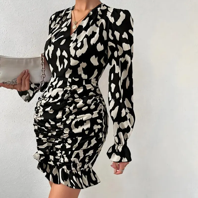 Women Fashion Leopard Printing Long Sleeve Ruffled Dress - Image 5