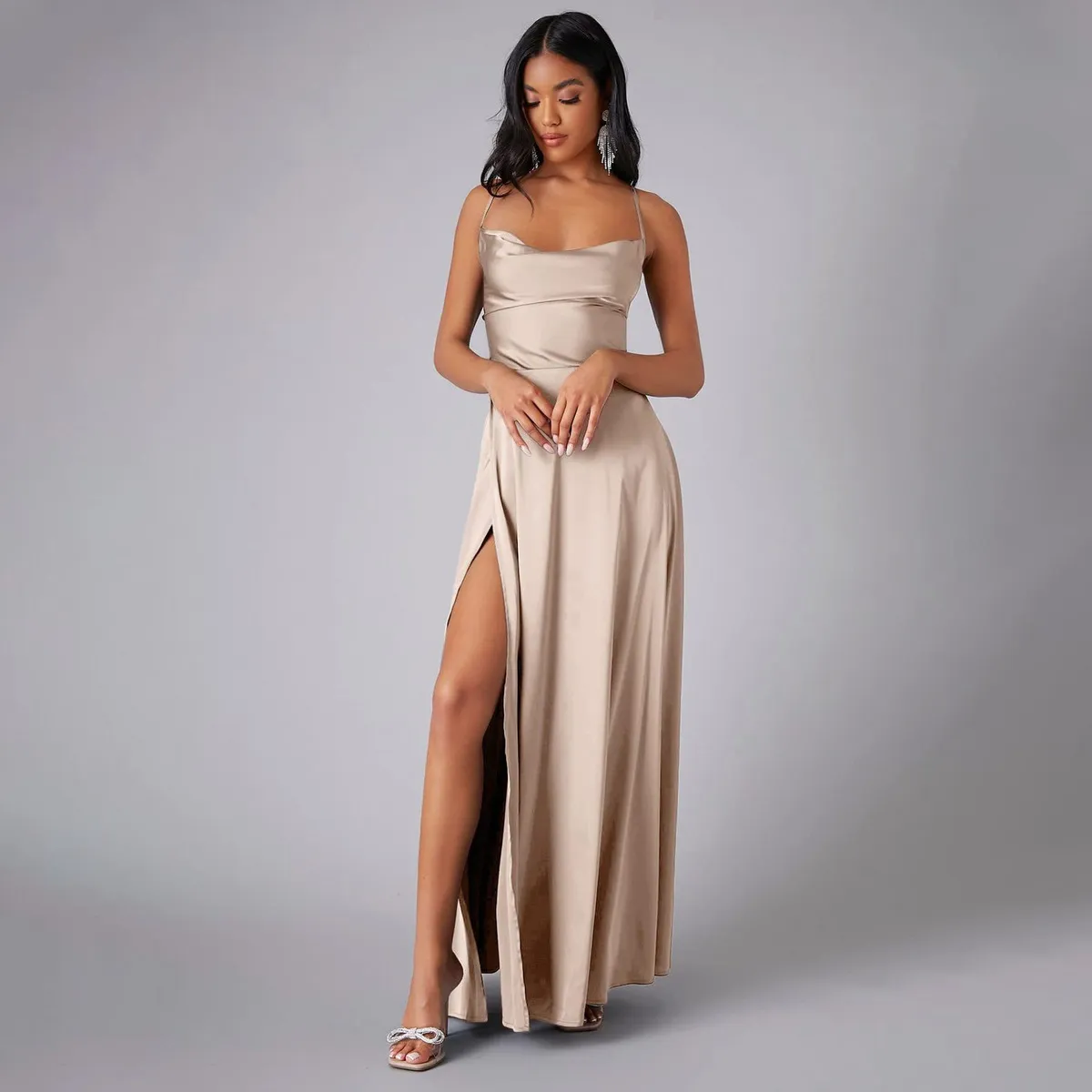 Women Fashion Sexy Solid Color Sleeveless Backless Lace-Up Split Slim-Fit Dress