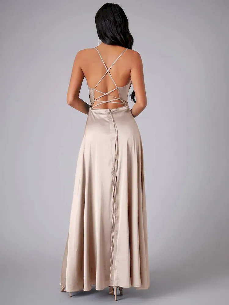 Women Fashion Sexy Solid Color Sleeveless Backless Lace-Up Split Slim-Fit Dress - Image 3