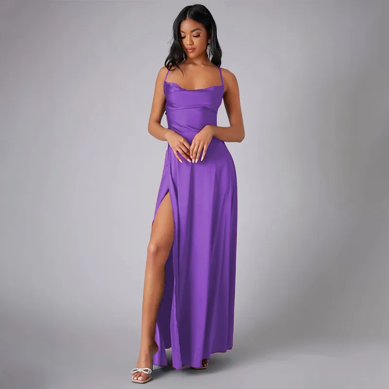 Women Fashion Sexy Solid Color Sleeveless Backless Lace-Up Split Slim-Fit Dress - Image 12
