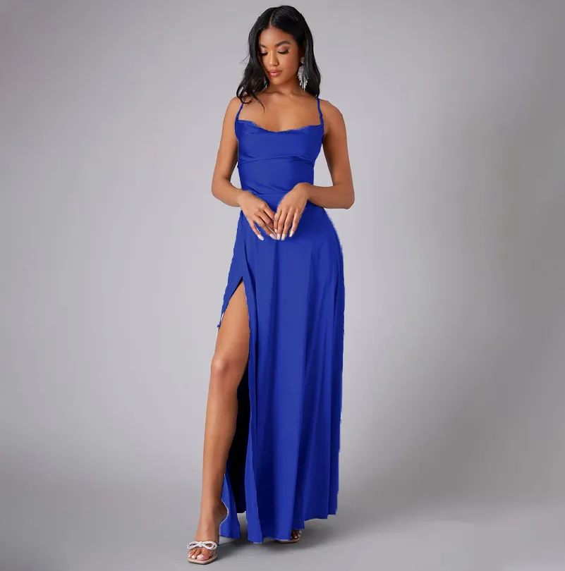 Women Fashion Sexy Solid Color Sleeveless Backless Lace-Up Split Slim-Fit Dress - Image 15