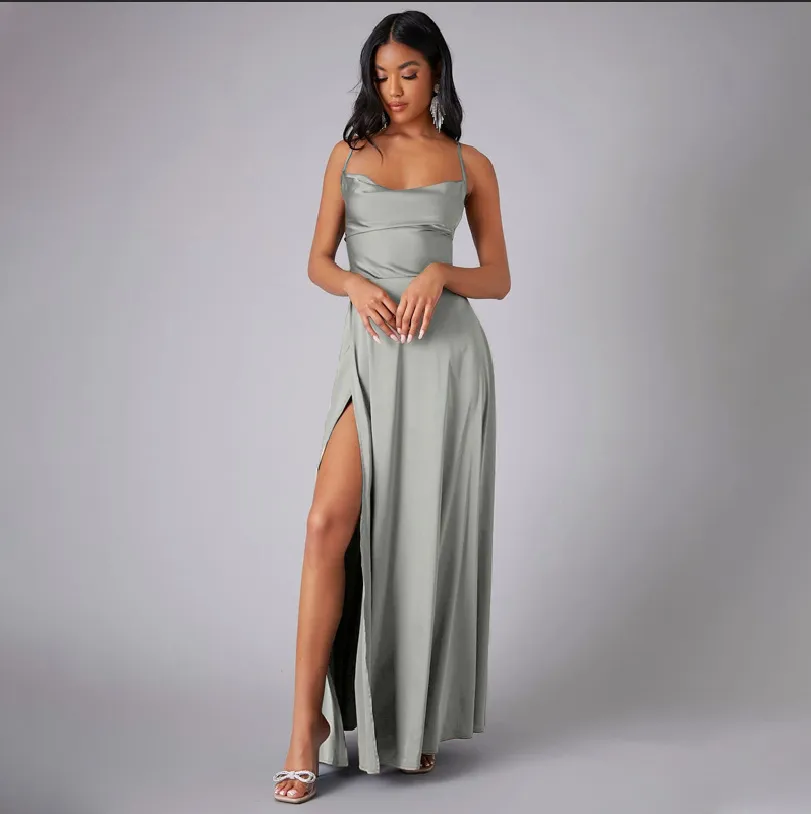 Women Fashion Sexy Solid Color Sleeveless Backless Lace-Up Split Slim-Fit Dress - Image 16