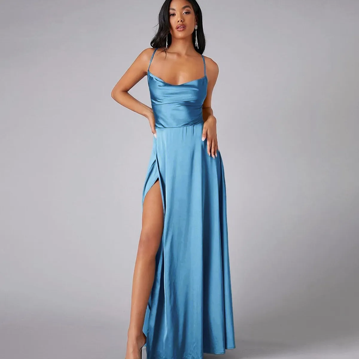 Women Fashion Sexy Solid Color Sleeveless Backless Lace-Up Split Slim-Fit Dress - Image 18