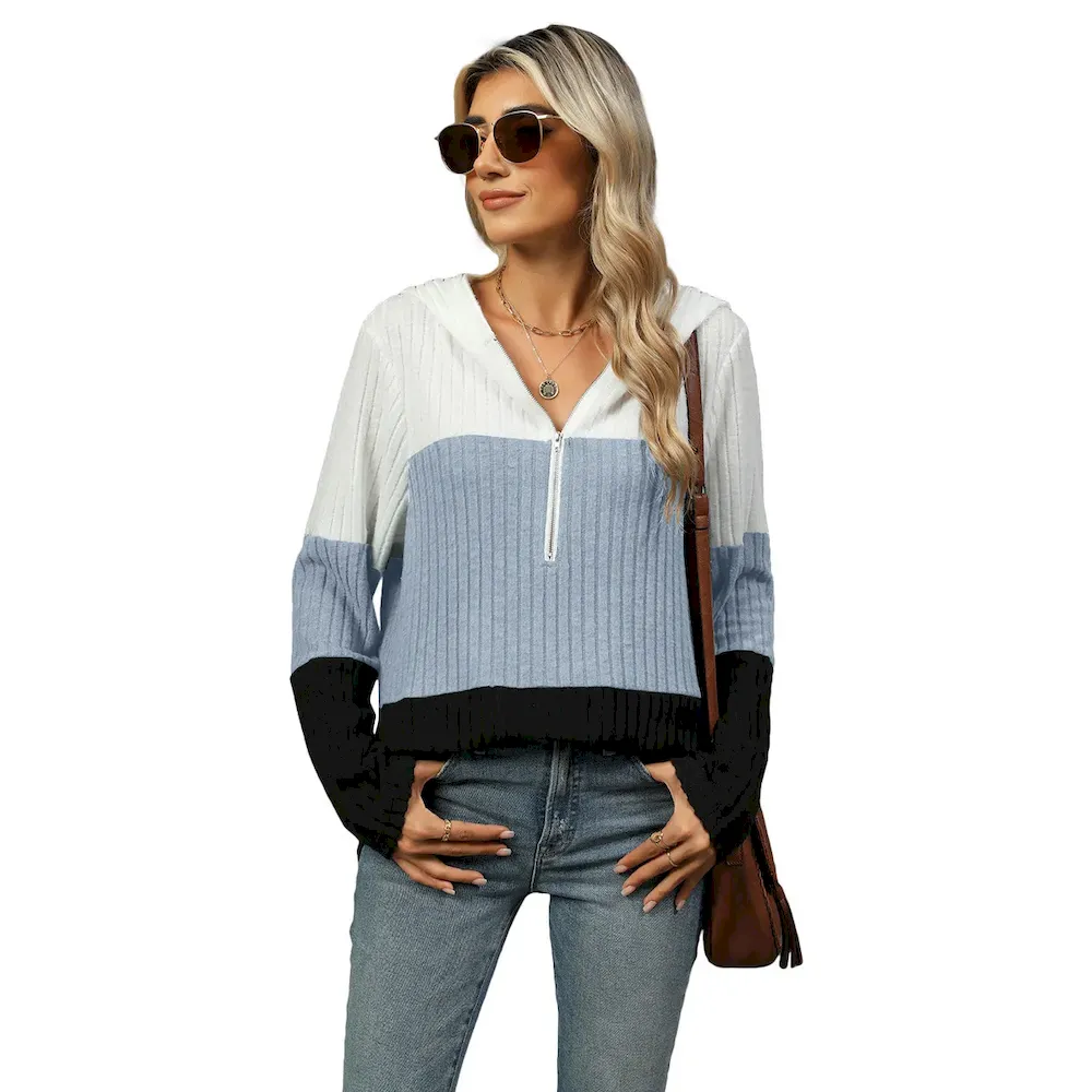 Women Fashion Casual Loose Contrast Color Stitching Zipper Long Sleeve Hoodies - Image 4