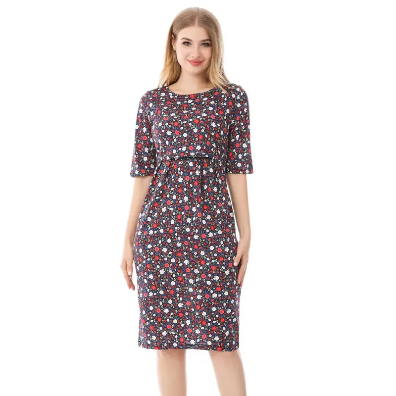 Summer Pregnant Women Casual Small Tiny Flower Printed Round Neck Short Sleeve Breastfeeding Dress - Image 5
