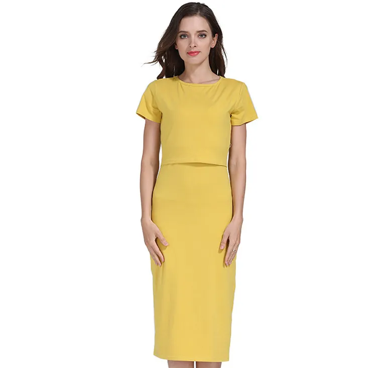 Summer Pregnant Women Casual Solid Color Elastic Slim Round Neck Short Sleeve Nursing Dress - Image 3