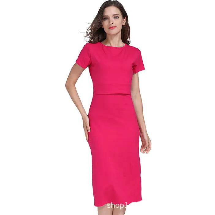 Summer Pregnant Women Casual Solid Color Elastic Slim Round Neck Short Sleeve Nursing Dress - Image 5