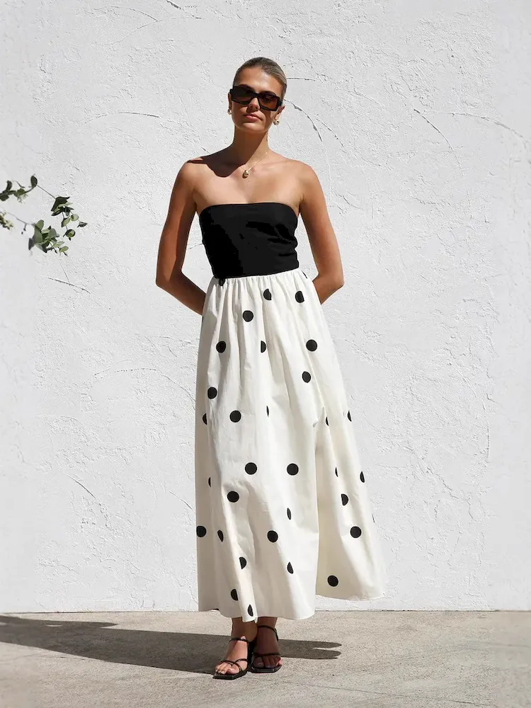 Women Fashion Wave Dot Printing Stitching Tube Top Temperament Maxi Dress - Image 3