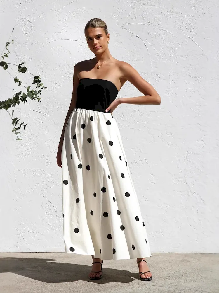 Women Fashion Wave Dot Printing Stitching Tube Top Temperament Maxi Dress - Image 4