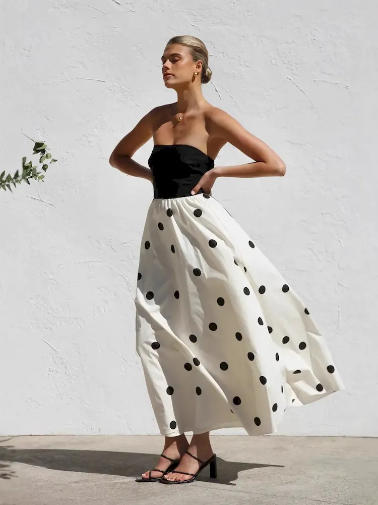 Women Fashion Wave Dot Printing Stitching Tube Top Temperament Maxi Dress - Image 5