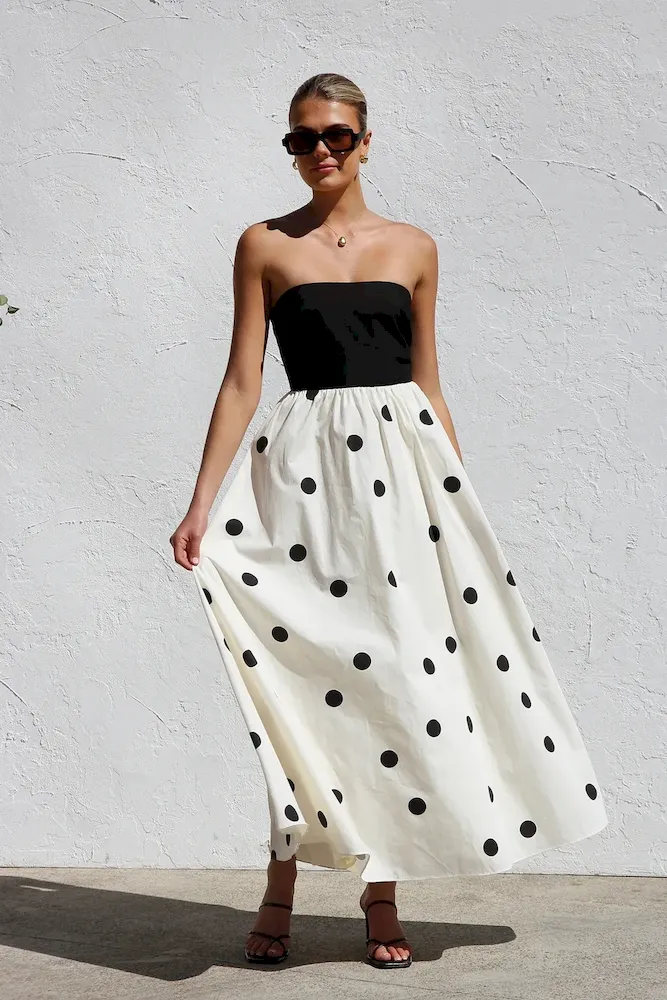 Women Fashion Wave Dot Printing Stitching Tube Top Temperament Maxi Dress - Image 6