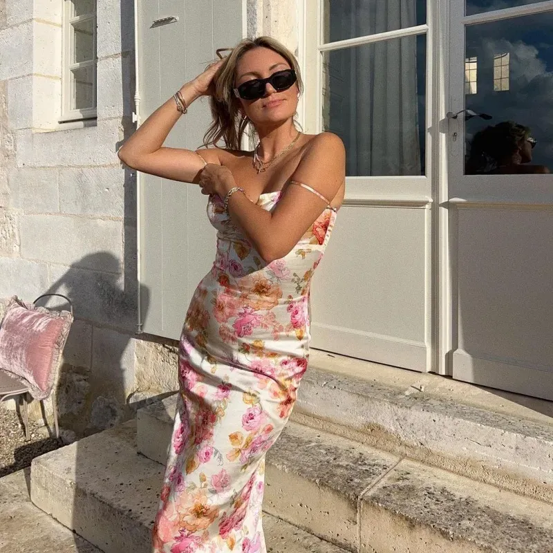Women Fashion Sexy Floral Printed Slim-Fit Backless Thin Strap Dress - Image 3