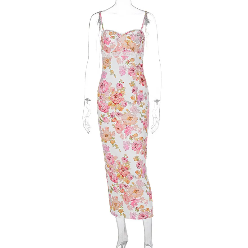 Women Fashion Sexy Floral Printed Slim-Fit Backless Thin Strap Dress - Image 5