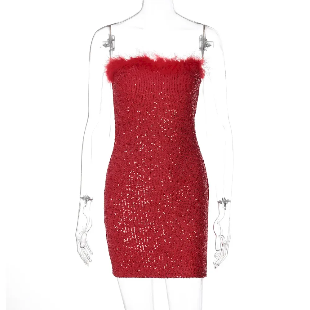 Women Nightclub Nightclub Sexy Sequins Feather Tube Top Bodycon Mini Dress - Image 8