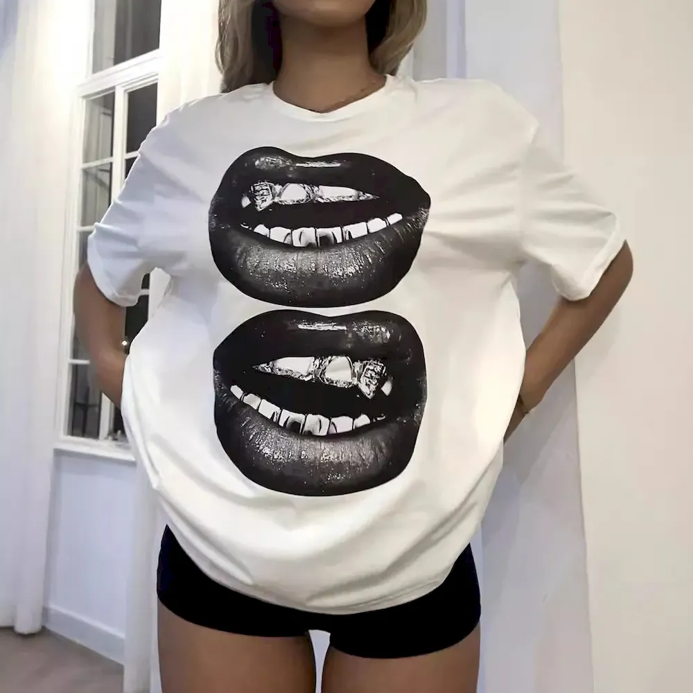 Women Fashion Casual Loose Lip Printed Short-Sleeve T-Shirt - Image 4