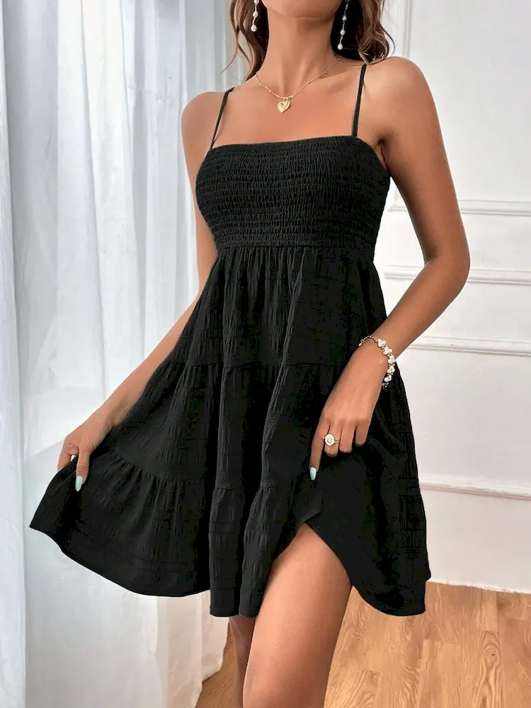 Women Fashion Casual Solid Color Pleated Spaghetti Strap Dress - Image 10