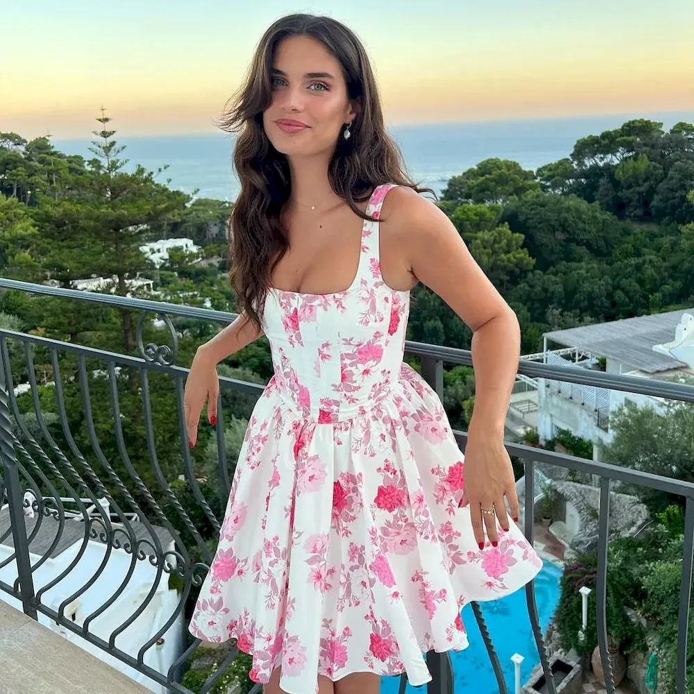 Sexy Spring Slim-Fit Defiened Waist Square Collar Floral Rose Print Swing Dress