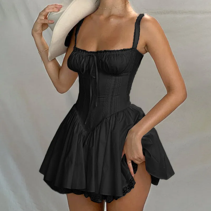 Vintage Women Fashion Lave-Up Defined Waist Lace Swing Dress - Image 8