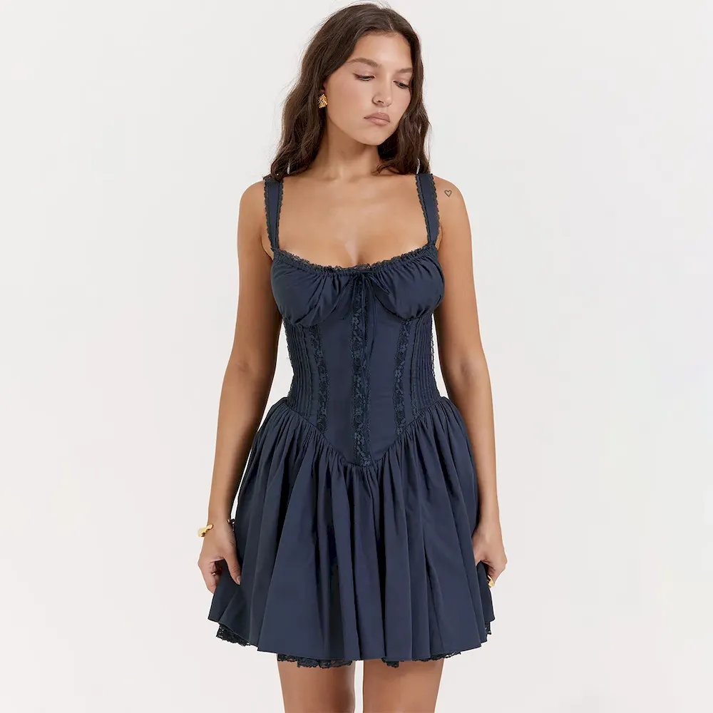 Vintage Women Fashion Lave-Up Defined Waist Lace Swing Dress - Image 10