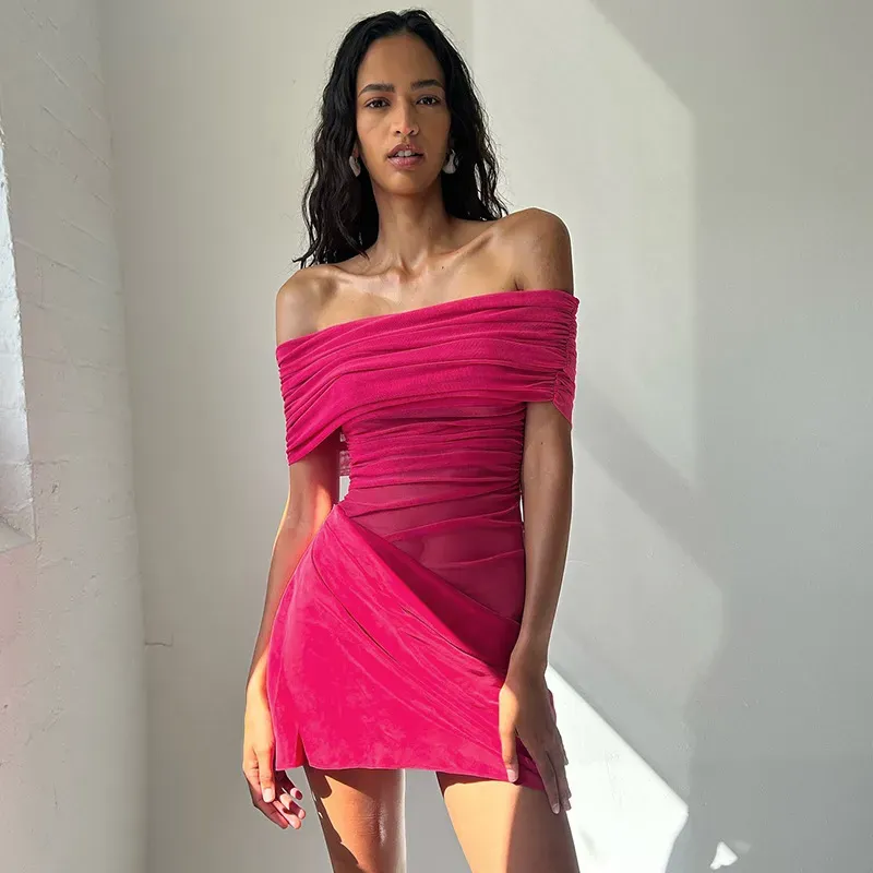 Women Fashion Sexy Solid Color Off-Shoulder Stitching Hollow-Out Pleated Dress