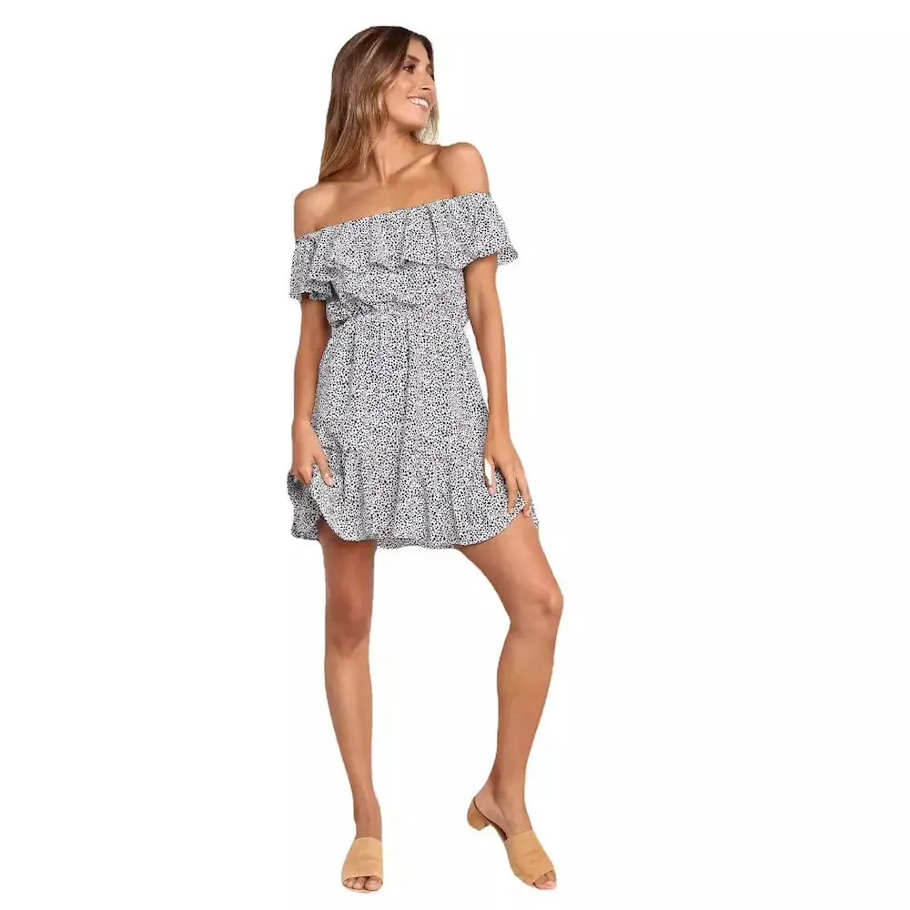 Sexy Women Summer Vacation Off-Shoulder Ruffled Short Sleeve Dress - Image 6