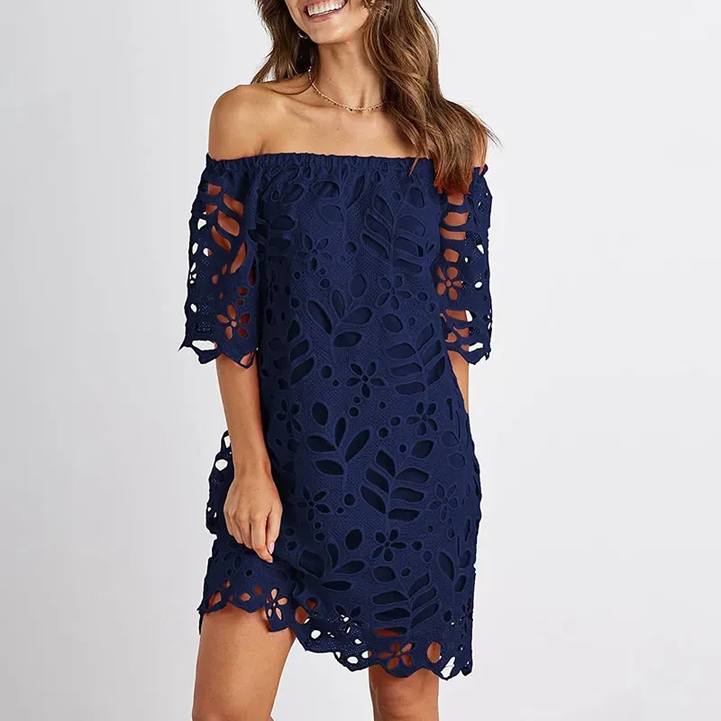 Women Fashion Elegant Solid Color Lace Mid-Sleeve Off Shoulder Dress - Image 7