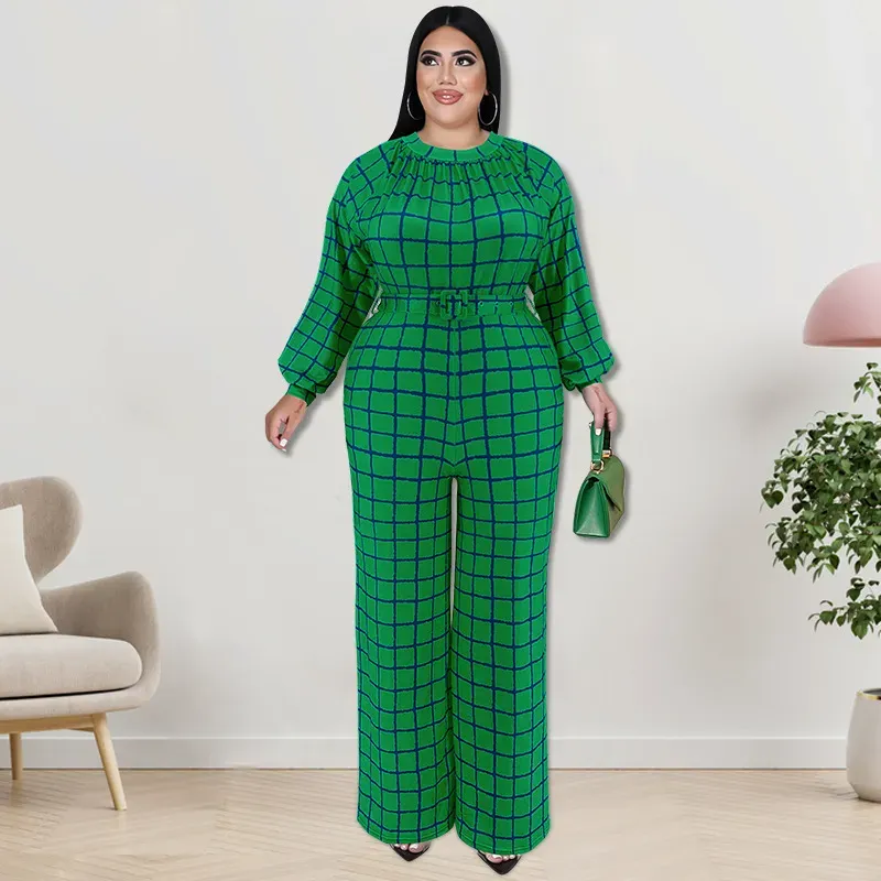 Women Fashion Casual Grid Printed Plus Size Long Sleeve Jumpsuits - Image 9
