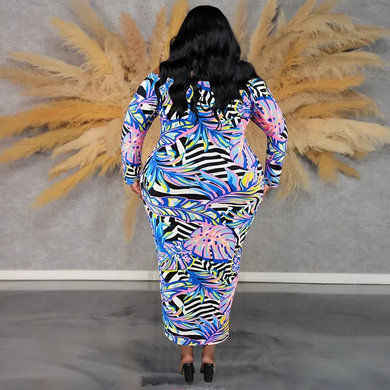Women Fashion Sexy Plus Size Printed Off Shoulder Long Sleeve Slim Fit Dress - Image 3