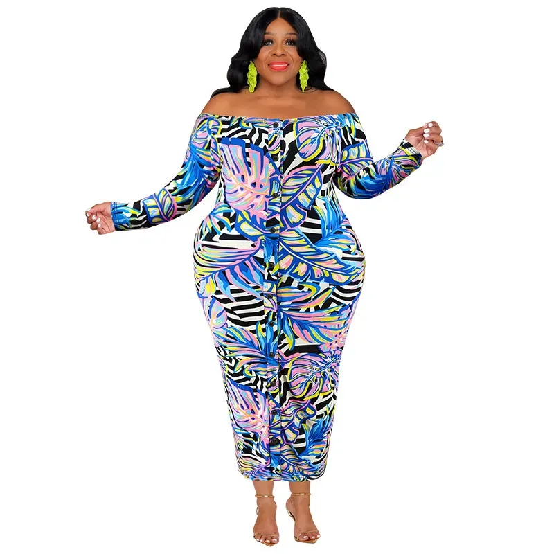 Women Fashion Sexy Plus Size Printed Off Shoulder Long Sleeve Slim Fit Dress - Image 4