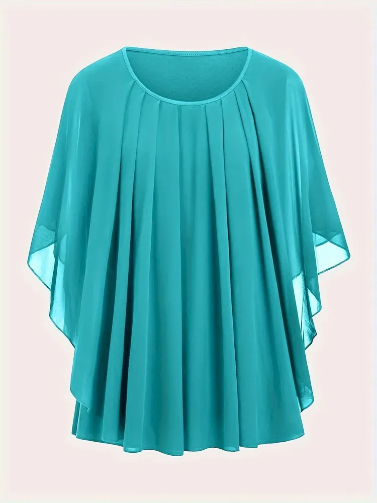 Women Fashion Casual Solid Color Plus Size Pleated Short Sleeve Loose T-Shirt - Image 8