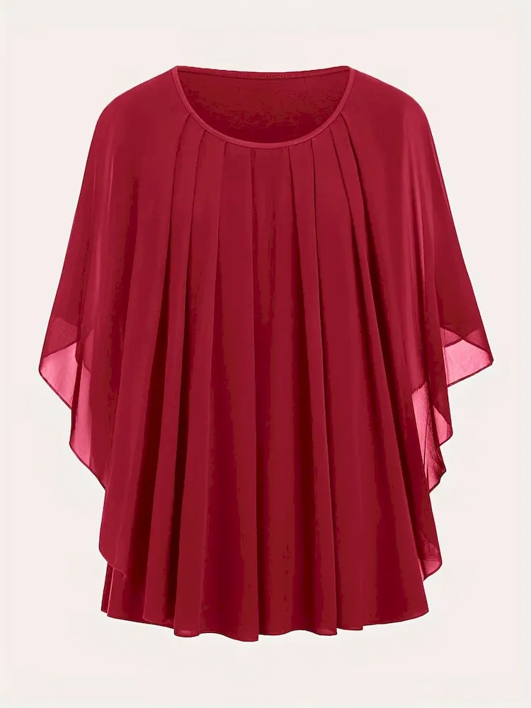 Women Fashion Casual Solid Color Plus Size Pleated Short Sleeve Loose T-Shirt - Image 9